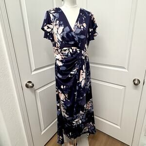 DNKY Women's Full Length Dress Navy Blue with Floral Print, Size Size 12